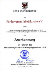 Urkunde Denkmalpflegepreis 2014