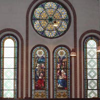 St. Jakobikirche zu Luckenwalde, Empore NW, Glasmalerei von 1894, Zustand nach Restaurierung 2011
